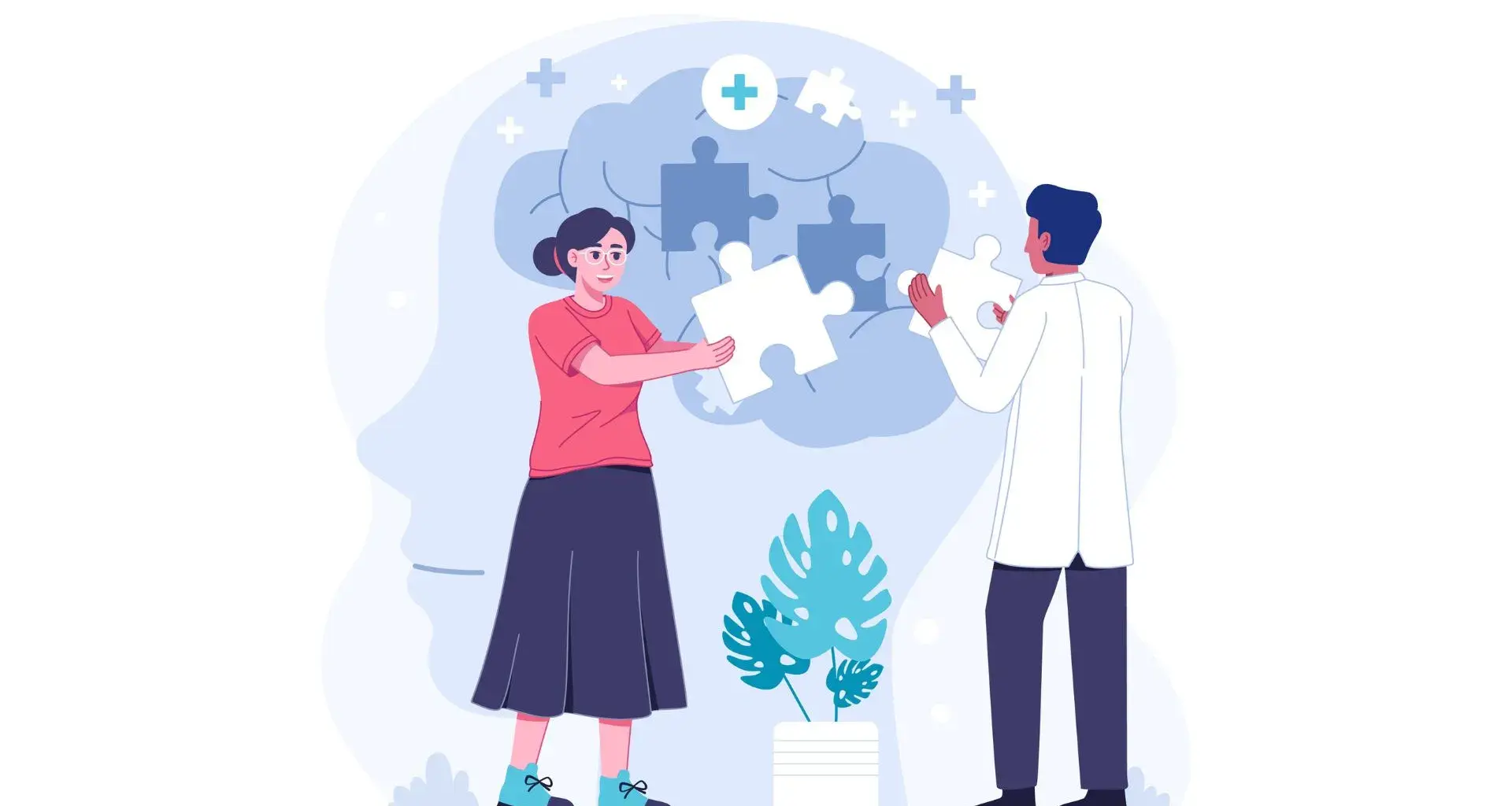 Ilustración de salud mental: dos personas completan un cerebro con piezas de rompecabezas, simbolizando bienestar emocional.
