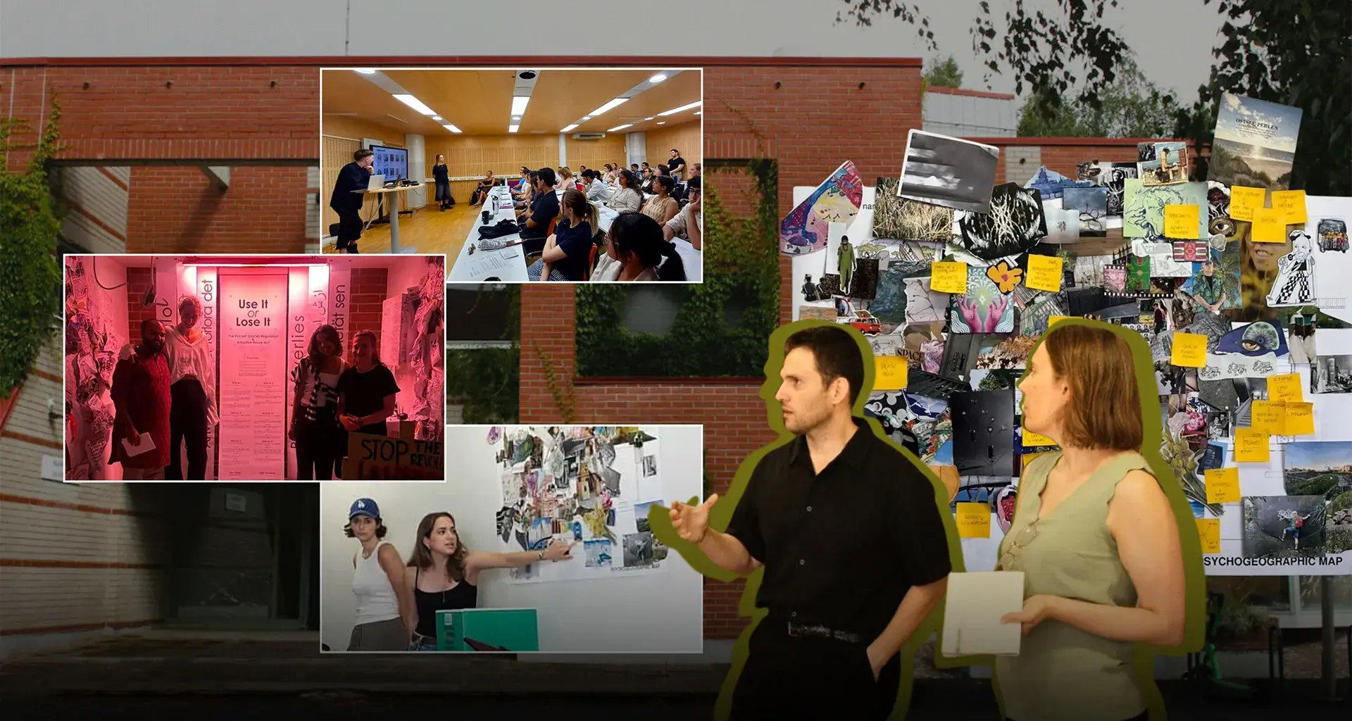 Montaje de alumnos y profesor presentando proyectos de arquitectura.