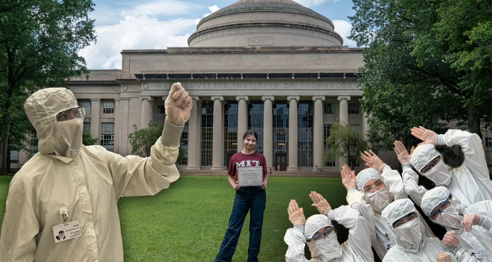 Montaje de fotos de jóvenes vestidos con trajes de materiales peligrosos sobre una foto donde una chica posa con un diploma frente a un edificio.