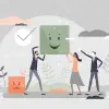 Concepto de elección de una vida feliz, con 3 ilustraciones de personas sosteniendo una figura con una sonrisa