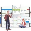 Ilustración con personas organizándose con calendarios en sus tablet y teléfonos celulares