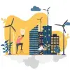 Ilustración de dos jóvenes en una ciudad sustentable, con uso de energía eólica