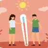 Ilustración de dos jóvenes bajo el sol, con un termómetro que da referencia a una alta temperatura