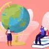 Ilustración de una maestra señalando un globo terráqueo, y un profesor sentado sobre unos libros