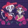 Animación de dos calaveras con vestimenta alusiva al Día de Muertos.