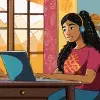 Ilustración de mujer joven tomando un curso en línea