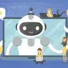 Ilustración de robot en computadora que conceptualiza la inteligencia artificial, con jóvenes estudiantes a su alrededor