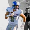 Ayner Hernández, jugador de futbol americano de Borregos Laguna usa jersey blanco y corre con el ovoide