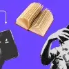 Imágenes de un celular viendo TikTok, una mujer tomando una selfie y un libro.