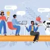 Ilustración con estudiantes trabajando, junto a un robot que simboliza el apoyo en herramientas de inteligencia artificial