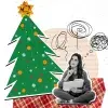 Ilustración de chica joven pensativa, dentro de una esfera de navidad, con personas a su alrededor celebrando la época decembrina, concepto de cuidado de salud mental en navidad