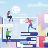 Ilustraciones de jóvenes con elementos educativos alrededor, como computadora, libros e iconos de disciplinas académicas