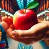 Manzana en palma de mano y de fondo un mercado