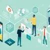Ilustración de jóvenes estudiantes con iconos de apps y herramientas tecnológicas a su alrededor