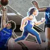 Montaje de fotos de un joven jugando basquetbol, una joven corriendo y una joven jugando voleibol.