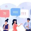 Ilustraciones de jóvenes con cajas de diálogo, concepto de que están entablando conversaciones