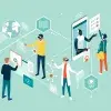 Ilustración de jóvenes con apps alrededor de ellos