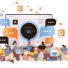 Ilustración de estudiantes con iconos de apps de estudio y herramientas tecnológicas a su alrededor