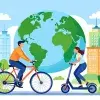 Ilustración de de jóvenes usando bicicleta y scooter eléctrico como alternativas de movilidad sostenible en ciudad