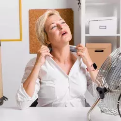 Mujer en casa con calor enciende ventilador