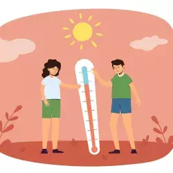 Ilustración de dos jóvenes bajo el sol, con un termómetro que da referencia a una alta temperatura