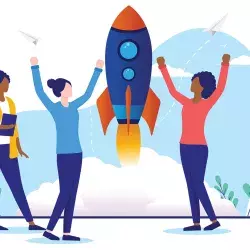 Ilustración con 3 mujeres rodeando un cohete, para simbolizar el impulso a una startup