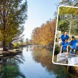 View of a river in Mexico. In a separate frame, the Bluekali team, a startup that cleans rivers with a robot resembling a whale shark.
