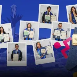 Fotos de los 9 ganadores al premio nacional ceneval sobre fondo del campus Sonora Norte.