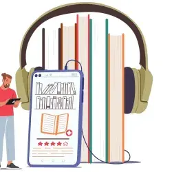 Ilustración conceptual de libros digitales que pueden ser escuchados en un smartphone