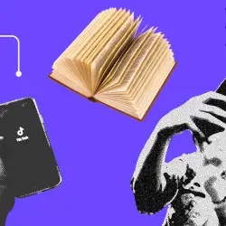 Imágenes de un celular viendo TikTok, una mujer tomando una selfie y un libro.