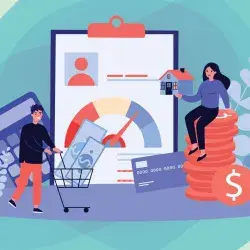 Ilustración de jóvenes con elementos que representan las finanzas personales