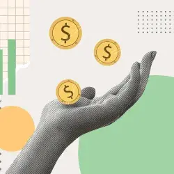 Imagen conceptual con gráficas y una mano recibiendo monedas