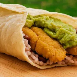 Burrito vegano que contiene  tortilla sin gluten, pollo vegano sin gluten, frijoles, arroz y guacamole.