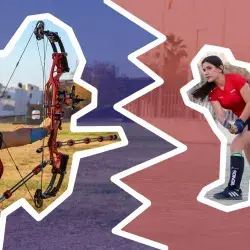 Collage de fotos de gemelas tirando con arco y jugando hockey sobre pasto.