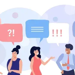 Ilustraciones de jóvenes con cajas de diálogo, concepto de que están entablando conversaciones