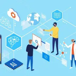 Ilustración de jóvenes trabajando con herramientas tecnológicas y de inteligencia artificial