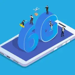 Ilustración de celular con letras gigantes 6G