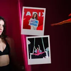 Collage de fotos: a la izquierda una joven entre telas, a la derecha la misma joven colgada de cabeza de una tela y al medio dos fotos de la chica recibiendo reconocimientos. 