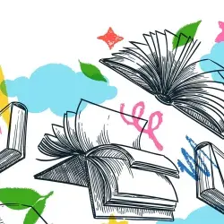 Ilustración de varios libros abiertos con fondos de colores