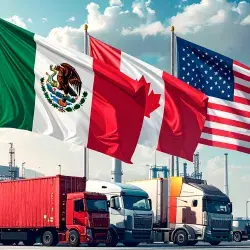 Banderas de México, Estados Unidos y Canadá en un entorno industrial hacen referencia al T-MEC