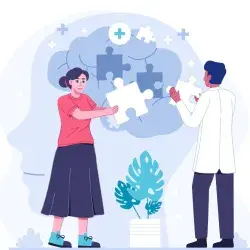 Ilustración de salud mental: dos personas completan un cerebro con piezas de rompecabezas, simbolizando bienestar emocional.