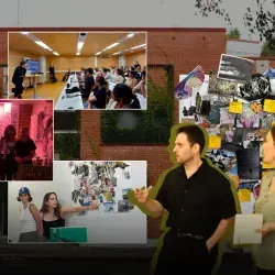 Montaje de alumnos y profesor presentando proyectos de arquitectura.