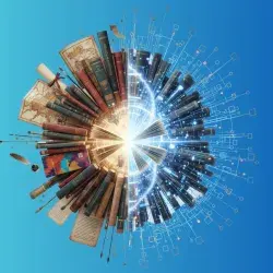 Ilustración conceptual dividida en dos mitades: a la izquierda, libros antiguos, mapas y elementos de humanidades; a la derecha, patrones digitales y líneas de datos que representan inteligencia artificial. Ambas partes se unen en un punto de luz central