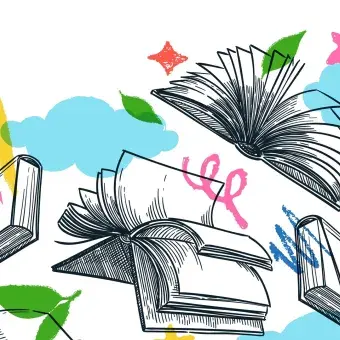 Ilustración de varios libros abiertos con fondos de colores