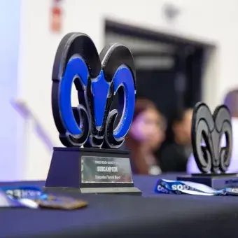 Trofeo con forma de la cabeza de un borrego sobre una mesa. 