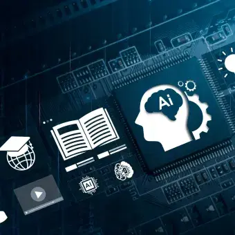 Educación de Tecnología utilizando sistemas de IA, concepto y educación de tecnología de Inteligencia Artificial (IA), chips de datos de computadora con gráficos educativos, lecciones de aprendizaje y aprendizaje digital moderno